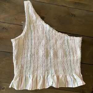 American Eagle‎ One Shoulder Smocked Top Womens Size L Cream Striped Ruffle Boho